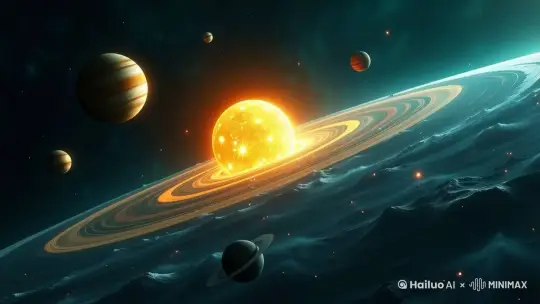 在浩瀚的太阳系中，太阳系在观众面前延伸，太阳被八颗行星环绕，按照离太阳距离的排序依次为水星、金星、地球、火星、木星、土星、天王星和海王星，太阳跟行星都在自传，八颗行星围绕着太阳公转。整个背景是一个无尽的虚空，周围环绕着巨大的蓝色和绿色，远处有一些星系和小恒星 by Hailuo AI Video Generator
