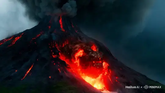 一座巨大的火山爆发 镜头拉到火山口 岩浆汹涌  火山灰整天蔽日 从岩浆出爬出一个全身通红的钢铁巨人 巨人的嘴里喷着火焰 身体抖动着 掉落的岩浆肉眼可见 巨人的身体慢慢发生渐变色成古铜色 镜头推远 呈现出山脚下的城市 车流拥挤  岩浆顺着山顶快速往山脚蔓延淹没公路和村庄 by Hailuo AI Video Generator