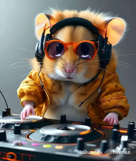 一个仓鼠dj，全神贯注的用双手在调音台调整音乐，头部轻轻的随着音乐点头。 by Hailuo AI Video Generator