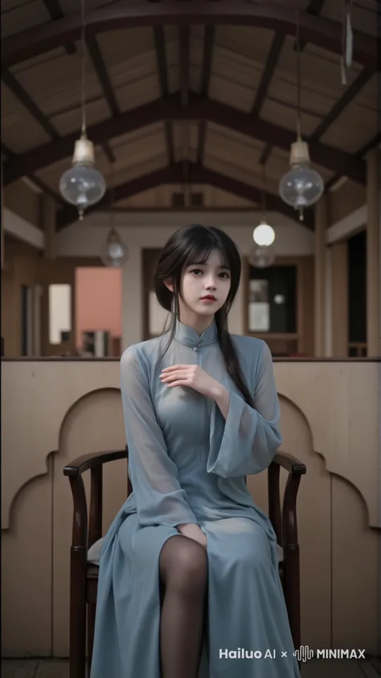 女孩低头，女孩左手抚摸头发，微笑看向镜头，女孩肩膀微微抖动，头发轻轻飘动，镜头微微推进 by Hailuo AI Video Generator