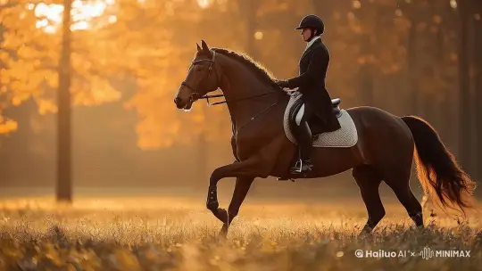 马匹典雅端庄地表演盛装舞步（dressage），镜头跟随 by Hailuo AI Video Generator