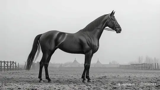 马匹典雅端庄地表演盛装舞步（dressage），镜头跟随 by Hailuo AI Video Generator