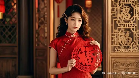 女孩面带微笑，将手中的福字慢慢的举了起来，镜头慢慢的推进到福字。 by Hailuo AI Video Generator