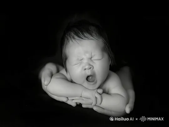 图中的婴儿闭着眼睛打了个哈欠，随后睁开了眼睛，动作自然流畅，镜头聚焦在婴儿的脸部表情，体现细节 by Hailuo AI Video Generator