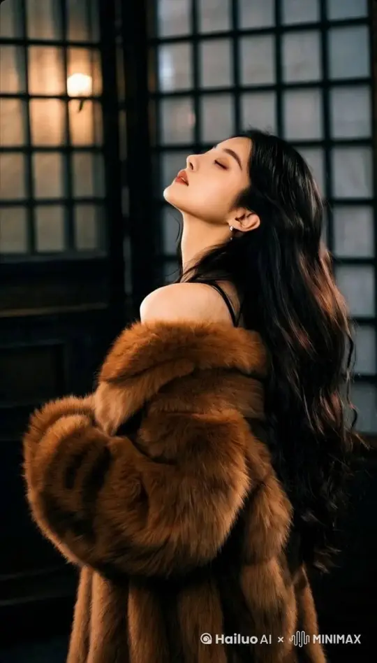 手持跟拍 景别角度：中景 人物描述：一位长发女性，黑色头发，穿着棕色毛茸茸的皮草 动作描述：身体微微向后倾斜，头部仰起，闭着眼睛 周围环境描述：背景是一面黑色格子窗 风格选择：魔幻现实主义风格 氛围：宁静、神秘、怀旧 画质：HDR高动态 by Hailuo AI Video Generator