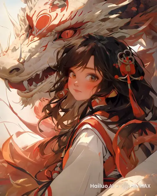 女孩附魔龙，龙轻轻蹭了蹭女孩 by Hailuo AI Video Generator