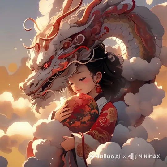 女孩睁开眼微笑，龙头游到她旁边，女孩清清地抚摸龙头 by Hailuo AI Video Generator
