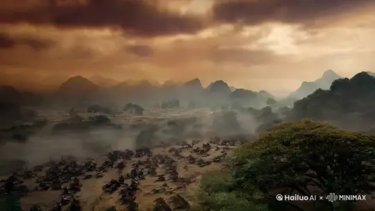 ：东汉末年，战乱频繁，百姓流离失所的景象。镜头逐渐拉近，聚焦到桃园中，刘备、关羽、张飞三人结义的情景。 by Hailuo AI Video Generator