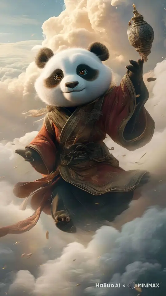 一只穿着道袍的熊猫，腾云驾雾，手持佛尘，仙气飘飘，飞上天空。 by Hailuo AI Video Generator