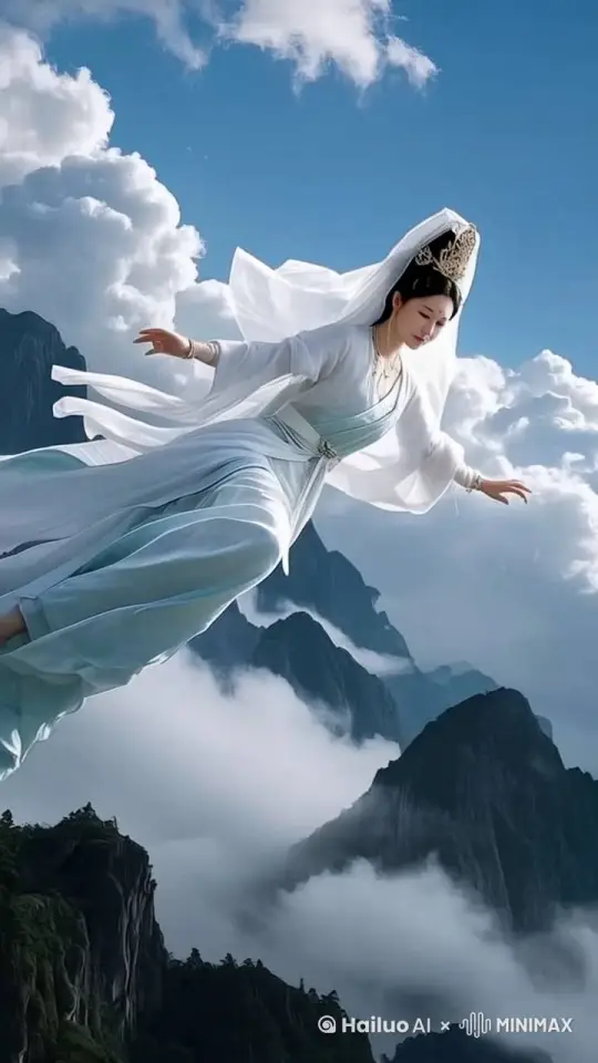 [主体描述]：一位面容极致的中国年轻女子，身着华丽的玄幻服饰，长发飘飘 [运动描述]：优雅轻盈地在空中像鸟一样飞行，光芒闪烁 [场景描述]：在逼真的天地间，飞过云雾缭绕的高山、一望无际的平原、色彩斑斓的草地和波光粼粼的河流，周围有奇异的光芒和符文闪烁 [技术要求]：旋转摇镜与推进拉远结合，打造玄幻的光影效果，突出真实场景中的奇幻元素 by Hailuo AI Video Generator