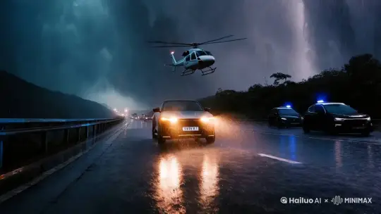 狂风暴雨中，一辆小米SU7在高速公路上快速行驶，不时超越其他车辆，上空一辆警用直升机紧紧跟随，直升机的探照灯照射在小米SU7车身上。（镜头从小米SU7车身开始拉远并角度上扬） by Hailuo AI Video Generator