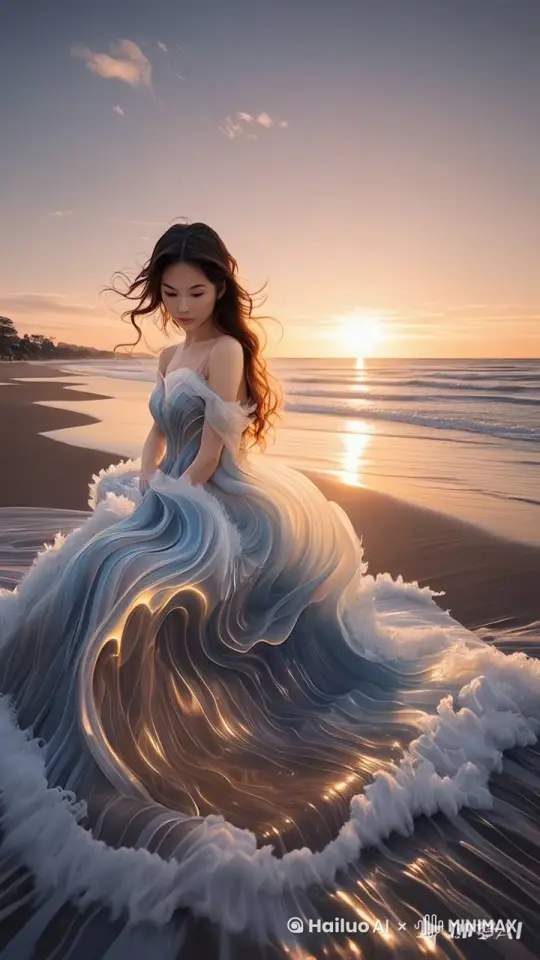 画面中的女人，旋转身体，开始上升，飞向天空，跟随镜头、全景拍摄。 by Hailuo AI Video Generator