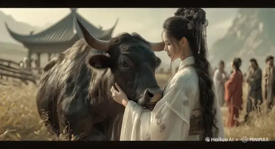 史诗般的暴力打斗场面，镜头跟随图片的两个人拳打脚踢。快速暴力动作片作为女人和牛生死战，电影级，中国功夫，拳打脚踢动作非常快速，打出幻影 by Hailuo AI Video Generator