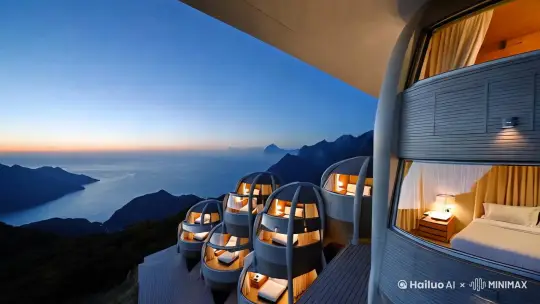 《山海间的科技民宿》
在依山傍海的大自然中,八个科技感十足的双层太空舱民宿宛如璀璨的明珠散落其间。
这些太空舱民宿外观极具未来感,流畅的线条与周围的自然景色相映成趣。它们采用先进的材料建造,坚固且隔热,能为住客提供舒适的居住环境。
走进太空舱,科技的魅力扑面而来。智能化的控制系统,让住客可以轻松调节室内的温度、灯光和窗帘。全景落地窗,将山海美景尽收眼底,让人仿佛置身于一幅绝美的画卷之中。
上层空间设计巧妙,可作为休闲区或观景台。在这里,你可以仰望星空,感受宇宙的浩瀚;也可以俯瞰大海,聆听海浪的声音。下层则是舒适的卧室和卫生间,设施齐全,一应俱全。
在这八个太空舱民宿中,你既能享受大自然的宁静与美丽,又能体验到科技带来的便捷与舒适。无论是与家人共度温馨时光,还是与朋友一起探索自然,这里都是绝佳的选择。让我们远离城市的喧嚣,来到这片山海之间的科技民宿,开启一段难忘的旅程。 by Hailuo AI Video Generator