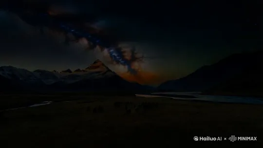 1.珠穆朗玛峰上天空星光闪烁，银河缓缓移动
2.草原上，蔚蓝的天空下，马群奔跑
3.山川间河流静静流淌
 by Hailuo AI Video Generator