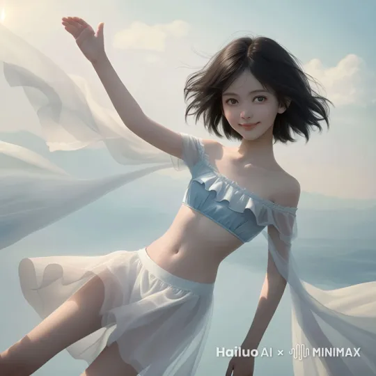 女孩在天空中上下飞翔，衣服和裙子随风飞舞
 by Hailuo AI Video Generator