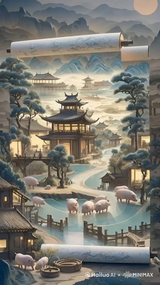 画卷中的猪走出来，溪水流动 by Hailuo AI Video Generator