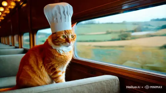 头戴厨师帽的橘猫坐在行进的火车上，橘猫望着火车窗外飞速后退的景色 by Hailuo AI Video Generator