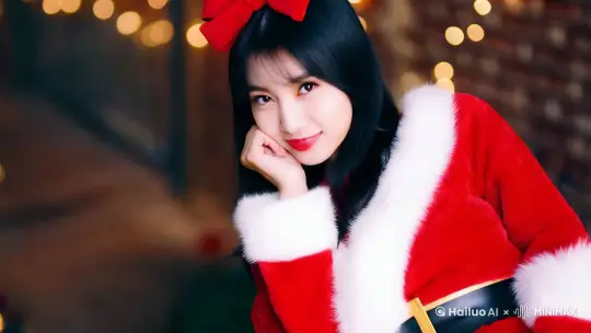 A festive Christmas close-up portrait of a young woman with sleek black hair and a bold red bow accessory, wearing a Santa-themed red crop top with white fur trim. She is winking playfully at the camera, her hand lightly resting on her cheek. Behind her, softly blurred Christmas lights and snowflakes frame the bold text ‘Merry Christmas’ in glittering gold font by Hailuo AI Video Generator