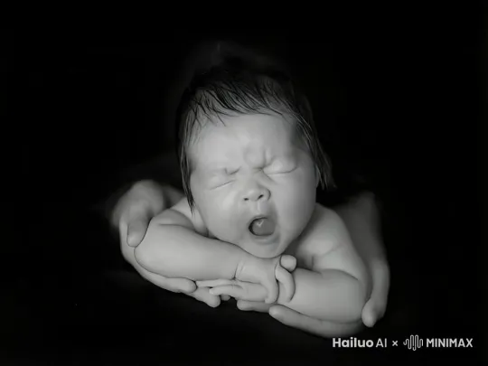 图中的婴儿闭着眼睛打了个哈欠，随后睁开了眼睛，动作自然流畅，镜头聚焦在婴儿的脸部表情，体现细节 by Hailuo AI Video Generator