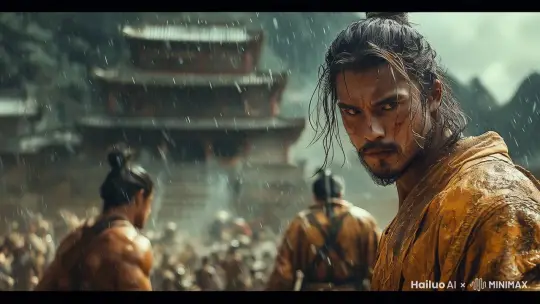  dolly out，zoom in, samurai staring at  the camera and in defence posture by Hailuo AI Video Generator