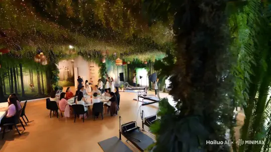 无人机广角拍摄，装修梦幻瑜伽和普拉提场馆，房间整个装饰像是在森林里的广阔空间，超大照片故事墙，超大空间隔离成独立多个空间区域（沙龙圆桌会议室，独立摄影棚，30个普拉提核心床练习大教室），中国女性瑜伽学员在沙龙圆桌会议室欢乐交谈，摄影棚里正在拍摄，中国女老师和学员在欢乐练习普拉提。 by Hailuo AI Video Generator