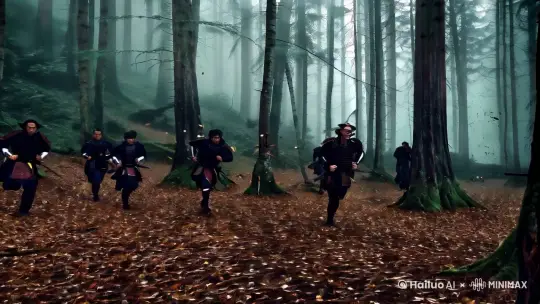 Group of samurai running through a foggy forest, cinematic lighting, dynamic poses, leaves falling from the trees, wide angle, inspired by Kurosawa's choreography, epic and mysterious atmosphere. by Hailuo AI Video Generator