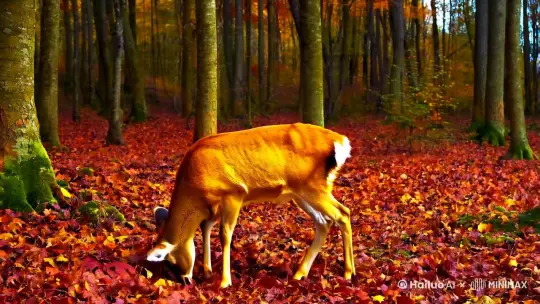 *镜头角度**：正面
 **镜头距离**：全景
 **AI绘画提示词**：秋天，西伯利亚狍，好奇，金黄
 **分镜头描述**：秋天，一只狍子在落叶中觅食，突然抬头，耳朵竖起，似乎被远处的声响所吸引，表现出它的好奇心。 by Hailuo AI Video Generator