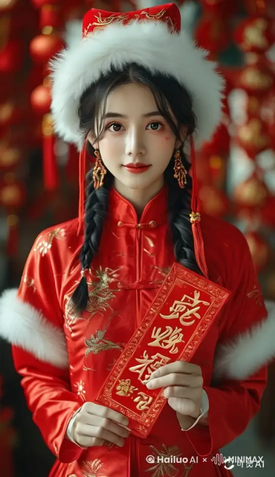 正面对着镜头微笑，展示自己的自信，大方得体，可爱迷人，动作优雅自在。手上拿着“蛇年吉祥”的横幅 by Hailuo AI Video Generator