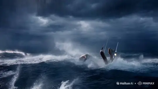 乌云，暴雨，海浪中伸出巨大的章鱼触角，章鱼触角抓住渔船，然后 切换镜头 海员在船的甲板上奔跑，然后海员被触手缠住拖入海水里。恐怖电影，真实的 by Hailuo AI Video Generator