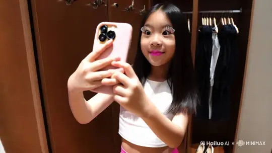 主体描述）：画面中，一位20岁左右的年轻亚洲女孩站在女装店的试衣间里。她拿着手机对着镜子自拍，她留着一头又黑又直的长发。她的眼睛明亮有神，睫毛浓密卷翘，眼神中充满了对新衣服的期待。她的脸蛋圆润，肌肤白皙，嘴唇涂着淡淡的粉色口红。她身材苗条且健美，穿着白色露脐装，粉色短裤。
（主体运动）：女孩站在镜子前，不断调整姿势，时而侧身，时而正面，举起手机准备自拍。
（场景描述）：试衣间不大，但布置温馨。墙壁上挂着挂钩，地上放着一双白色的高跟鞋。灯光柔和，营造出舒适的氛围。
（运镜）: 环绕拍摄
（镜头语言＋光影＋氛围）：镜头环绕着女孩拍摄，从不同角度展现她的姿态。镜头语言注重捕捉女孩的表情和动作细节。光影柔和均匀，灯光洒在女孩身上和镜子上，营造出一种梦幻而愉悦的氛围，让人仿佛能感受到女孩试穿新衣的喜悦。女生要求瓜子脸 by Hailuo AI Video Generator