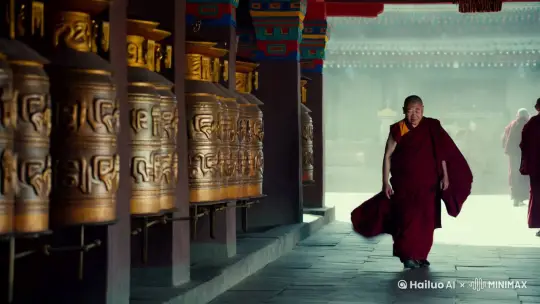 西藏庙宇的长廊中，一个身着红衣僧袍的喇嘛缓缓走过，微风吹动他的僧袍，身旁是一排转经筒，远处有也有几个喇嘛在走路，因为比较远所以略微虚化，背景有淡淡的烟雾，画面低饱和度，大光圈，侧逆光。 by Hailuo AI Video Generator