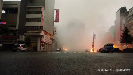 雾蒙蒙的东京街头，一个巨大的怪兽影子在雾中若隐若现。突然，一只小黄鸭从雾中蹒跚而出，形成了可爱的对比。背景中，爆炸和火焰喷涌而出，烘托出戏剧性的气氛。该场景以逼真的电影风格呈现，展示了高清细节，突出了气势磅礴的黑影和迷人的小鸭子之间的鲜明对比。 by Hailuo AI Video Generator