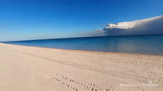 海水呈现出一种清澈的蓝色，与天空的颜色相呼应。沙滩是白色的，细腻而平滑。在远处可以看到一片云朵，它位于海平面之上，形状不规则，颜色为白色和灰色混合。

 by Hailuo AI Video Generator
