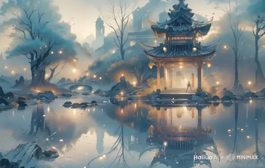迁入梦境，星星开始在天空中闪烁。水街的建筑轮廓在夜色中隐约可见。灯笼开始逐一点亮，从水街的中心区域逐渐向外蔓延。灯光在水面上形成倒影，光影随着水波轻轻摇曳，营造出梦幻般的氛围。镜头最后向前推进，仿佛在邀请观众进入一个梦幻的世界。 by Hailuo AI Video Generator
