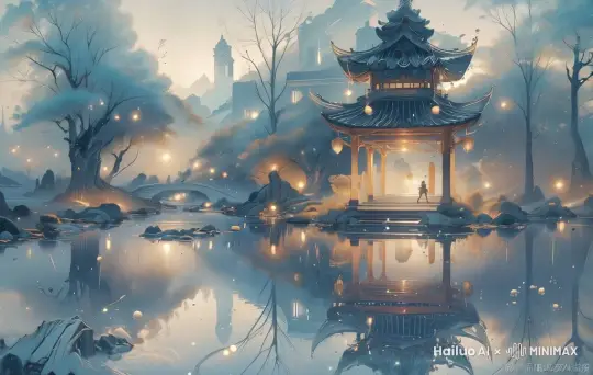 灯笼从镜头向画面中心聚集，镜头围绕亭旋转 by Hailuo AI Video Generator