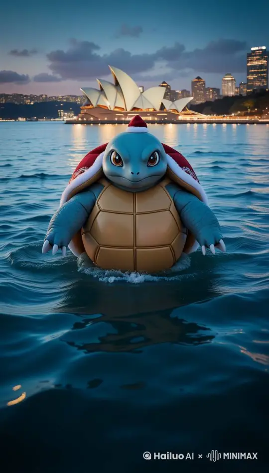 Filmed from an aerial perspective,the cinematic 4K panoramic artwork features a giant Pokémon Blastoise,a Pokemon dressed in a festive Christmas costume,peacefully floating in the sea in front of the iconic Sydney Opera House. The realistic textures and detailed features of the blastoise are skillfully depicted,showcasing the artist's mastery of detail and depth. The urban environment surrounding the opera house is vividly depicted,and dynamic nightlife lighting effects add to the vibrancy of the scene,enhancing the cinematic experience. Capturing the essence of a Sydney holiday,this artwork blends the fantasy of Pokemon with the cityscape. 8k,Hi-Resolution,Ultra-Detailed,artstation,(Realism, Photorealism, Photorealism:1.37),HDR,UHD,Studio Lighting,Ultra-Fine Painting,Sharp Focus,Physically Based Rendering,Extreme Detail Description,Professional,Vivid Colors,Bokeh., by Hailuo AI Video Generator