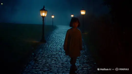 一个小女孩走夜路，后面有三盏路灯，三盏路灯依次熄灭最后出现一只鬼
 by Hailuo AI Video Generator