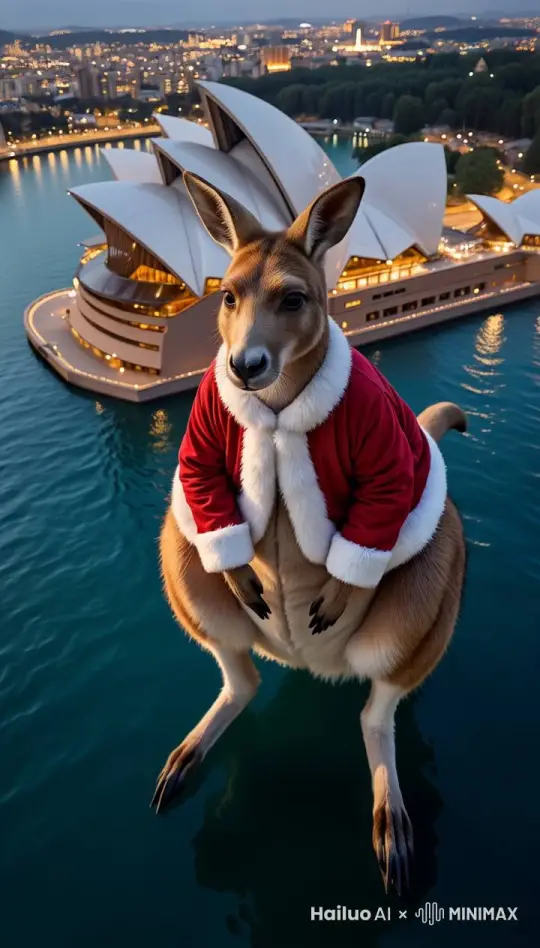A masterful,ultra-detailed,cinematically realistic 4K panoramic artwork captured from an aerial perspective,showcasing a giant kangaroo in festive Christmas attire,floating in the sea in front of the Sydney Opera House. The kangaroo's fur and muscles have a lifelike texture with astonishing detail,demonstrating the artist's superb command of detail and depth. The whiskers,eyes,fitted Santa suits,and noses of the kangaroo are all exquisitely crafted,reflecting the artist's pursuit of ultimate detail. The scene is set in the real-world Sydney Opera House,surrounded by a bustling city. The dynamic nightlife lighting effects in the city add to the vibrancy of the scene,enhancing the movie-like experience. 8k,highres,ultra-detailed,artstation,(realistic, photorealistic, photo-realistic:1.37),HDR,UHD,studio lighting,ultra-fine painting,sharp focus,physically-based rendering,extreme detail description,professional,vivid colors,bokeh., by Hailuo AI Video Generator