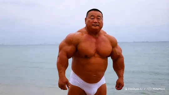 在海边，亚洲40-60岁左右的短寸中年男性，体重400斤，有大胸肌，大肚子能隐约看到腹肌，结实的腿部肌肉，穿着白色的紧身三角健美裤，从头到脚的全身画面 by Hailuo AI Video Generator