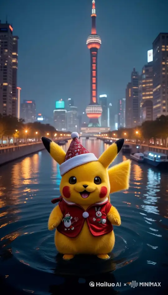 An aerial view of a cinematically realistic,aerial shot,4K resolution panoramic artwork showcasing a massive Pikachu,adorned in a festive Christmas costume,playfully standing in the Pearl River in front of the iconic Canton Tower in Guangzhou's Zhujiang New Town. Pikachu's fur and features are rendered with lifelike textures and astonishing detail,showcasing the artist's exceptional skill in capturing detail and depth. The urban silhouette of the Canton Tower is vibrantly depicted,with dynamic nightlife lighting effects that enhance the scene's vibrancy and create a movie-like ambiance. The artwork captures the essence of the festive holiday season in Guangzhou,seamlessly merging the playful spirit of Pokemon with the city's modern urban landscape along the Pearl River. The image is presented in 8k,high resolution,ultra-detailed quality,featuring HDR,UHD,studio lighting,ultra-fine painting,sharp focus,physically-based rendering,extreme detail description,professional finish,vivid colors,and bokeh effect., by Hailuo AI Video Generator