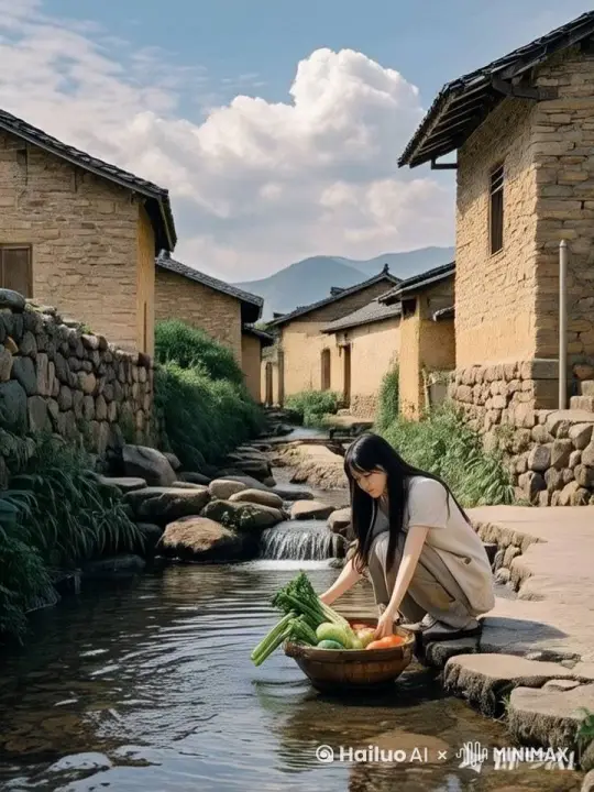 女子正在洗菜，小溪很自然的流动 by Hailuo AI Video Generator