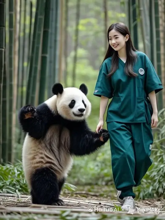 在翠绿的竹林中，女饲养员和大熊猫一起同步跳兔子舞，动作很有节奏且自然。 by Hailuo AI Video Generator