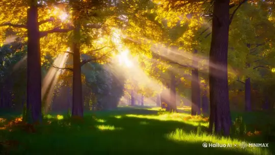展示了一个宁静的森林场景。画面中阳光透过茂密的树叶洒下,形成一道道金色的光线,营造出一种梦幻般的氛围。树叶呈现出秋天的色彩,有绿色、黄色和橙色的叶子,显示出季节的变化。
在图片的中央和右侧,可以看到几棵粗壮的树木,树干笔直,树枝向四周伸展,树叶在阳光的照射下显得格外明亮。地面上覆盖着一层绿色的草地,草地上有一些斑驳的树影,显示出阳光的强烈。
图片的背景部分,光线逐渐变得柔和,形成一种光晕效果,给人一种神秘而宁静的感觉。背景中的树木和植被显得较为模糊,进一步增强了画面的深度感。
整体来看,这张图片通过光线和色彩的巧妙运用,成功地传达出一种宁静、自然和充满生机的氛围。 by Hailuo AI Video Generator