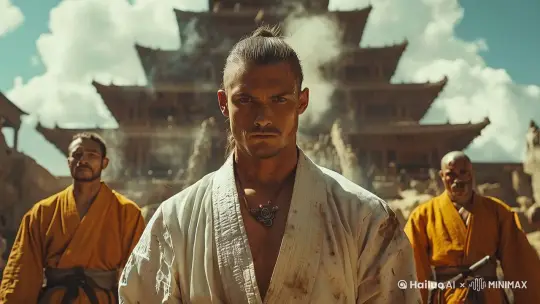 dolly out,camera zoom in,samurai take off his clothes to show strong muscles by Hailuo AI Video Generator