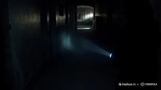 镜头随着一个手电筒的光束在一座夜晚的废弃医院走廊上推进。周围寂静的可怕。然后镜头放大，显示出一位性感护士的背影。突然她听到一声尖叫，神情紧张地转头看向镜头，但表情逐渐变得诡异和狰狞。 by Hailuo AI Video Generator