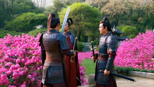 刘备、关羽、张飞三人桃园结义，合理与吕布打斗 by Hailuo AI Video Generator
