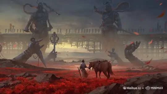 图中人物牵马逐渐走远，荒野中的树叶随风起舞 by Hailuo AI Video Generator