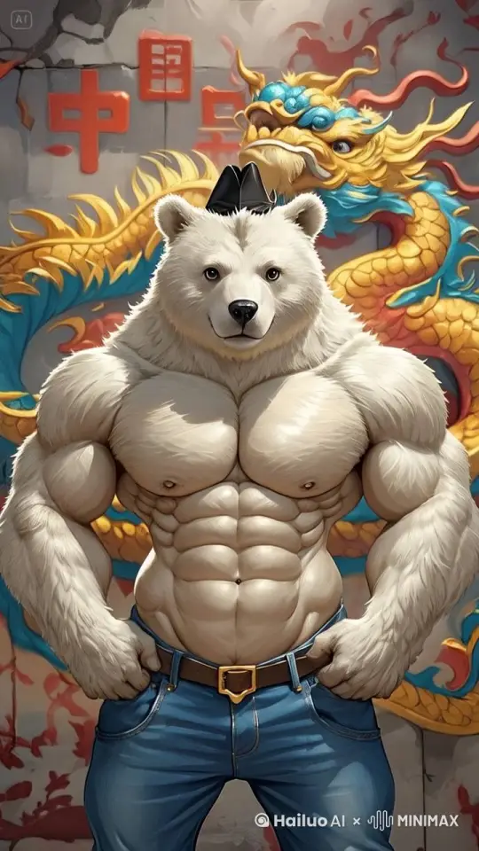一个肌肉熊兽人在秀自己的肌肉身材。全身抖动着自己的大胸肌，全身的毛发都随风飘扬。表情轻松活泼可爱很享受表演的感觉。然后熊兽人的双手胳膊都举起来做标准的健美比赛动作。背景墙后面的神龙涂鸦图案像被施了魔法一样活了起来表演神龙盘旋摆尾。场面非常热闹 by Hailuo AI Video Generator