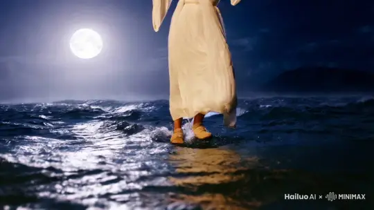A scene from a Chinese martial arts movie, with a bright moon shining on the rough sea. The camera is shooting upward from the sea. Because of the sea water, you can vaguely see the feet of a woman in a white Hanfu robe walking on the waves. You can only see the long skirt and the feet in cloth shoes. The realistic moonlight shines into the sea, presenting a hazy and dynamic light and shadow effect. by Hailuo AI Video Generator